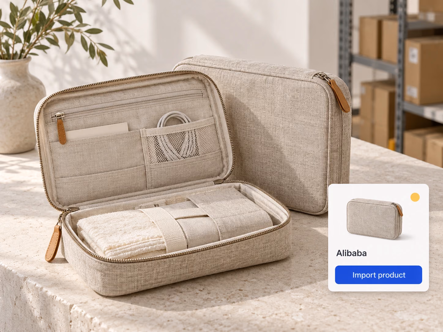 Linen organizers and an Alibaba product selection card illustrate product sourcing before order processing.